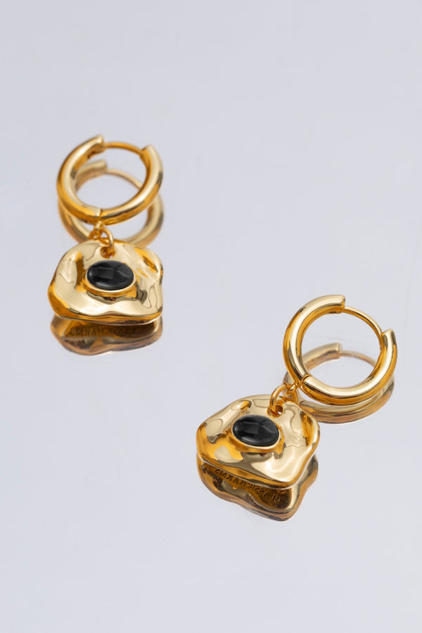 Aria Gold Gemstone Hoop Drop Earrings-Noir Black