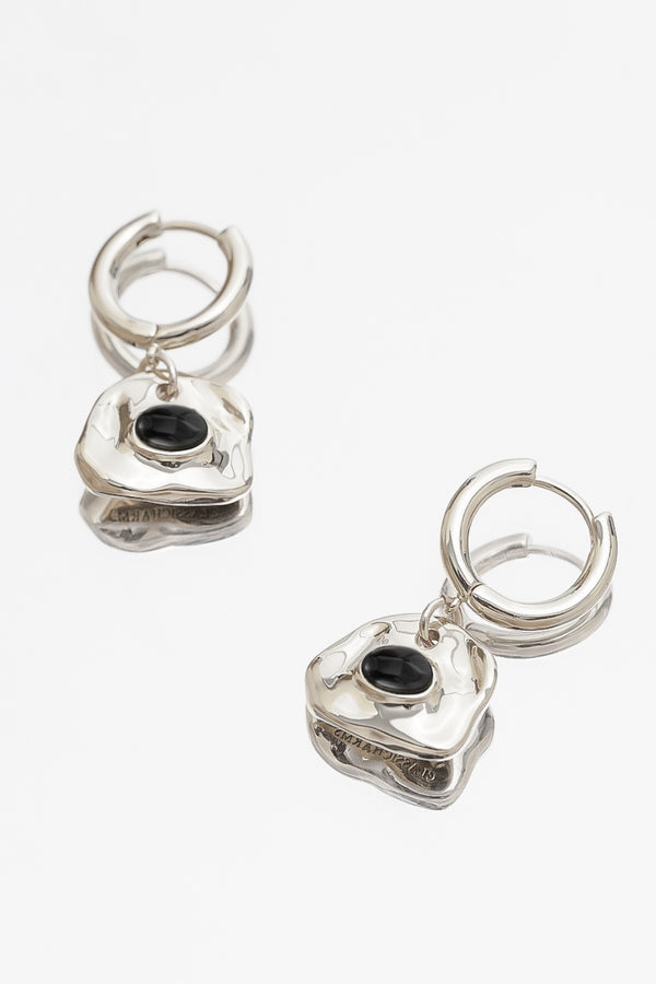 Aria Silver Gemstone Hoop Drop Earrings-Noir Black