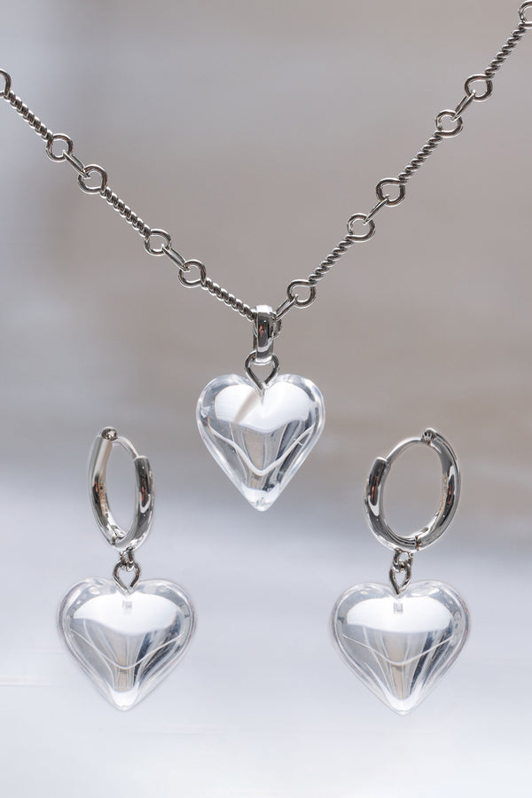 Frost Heart Necklace and Earrings Set in Silver