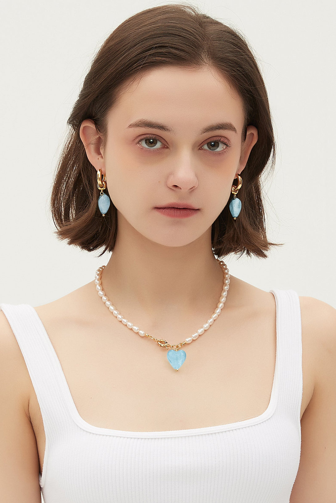 Esmée Aquamarine Glaze Heart Pendant Pearl Necklace - Classicharms