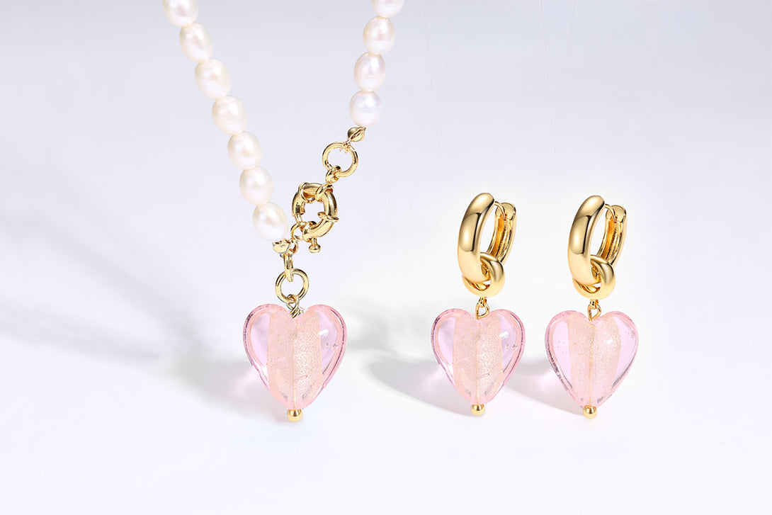 Esmée Pink Glaze Heart Pendant Pearl Necklace - Classicharms