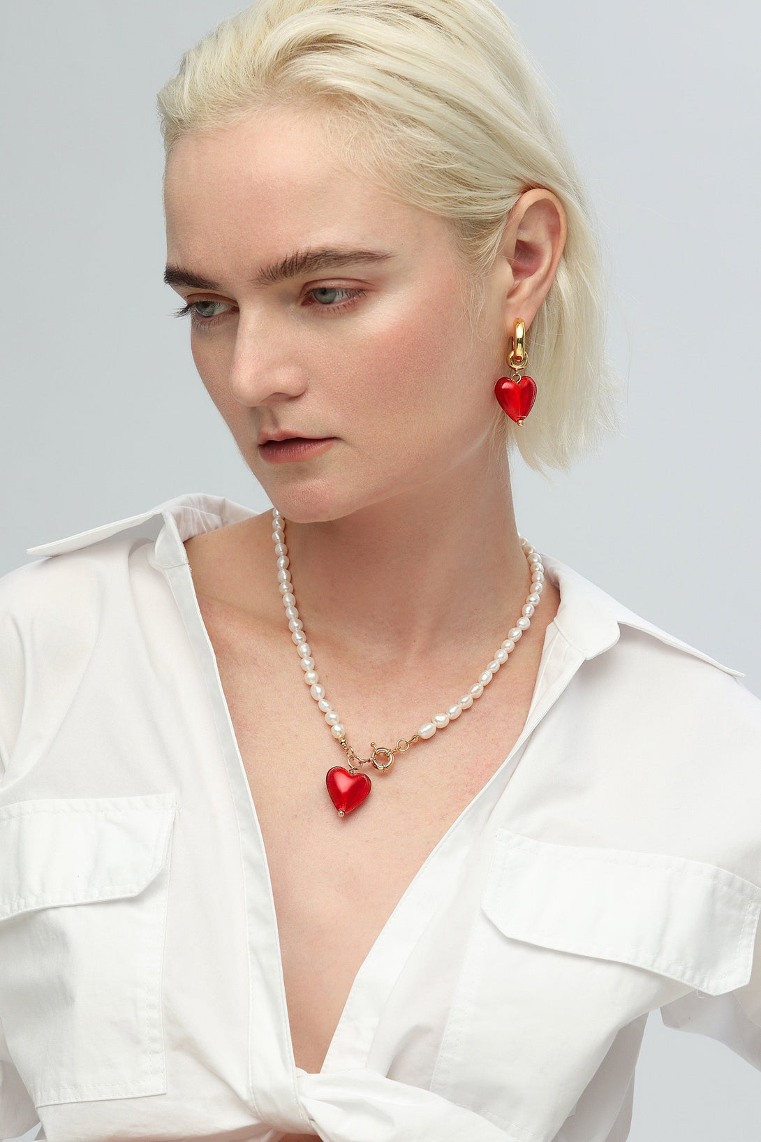Esmée Red Glaze Heart Pendant Pearl Necklace - Classicharms