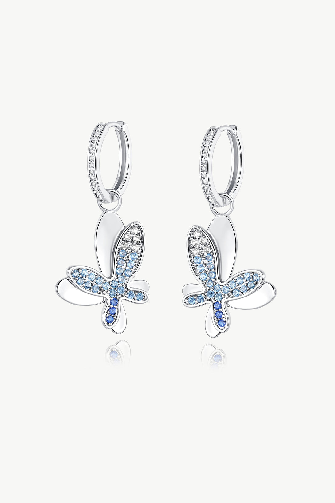 Silver Gradient Blue Pavé Diamond Butterfly Dangle Drop Hoop Earrings - Classicharms