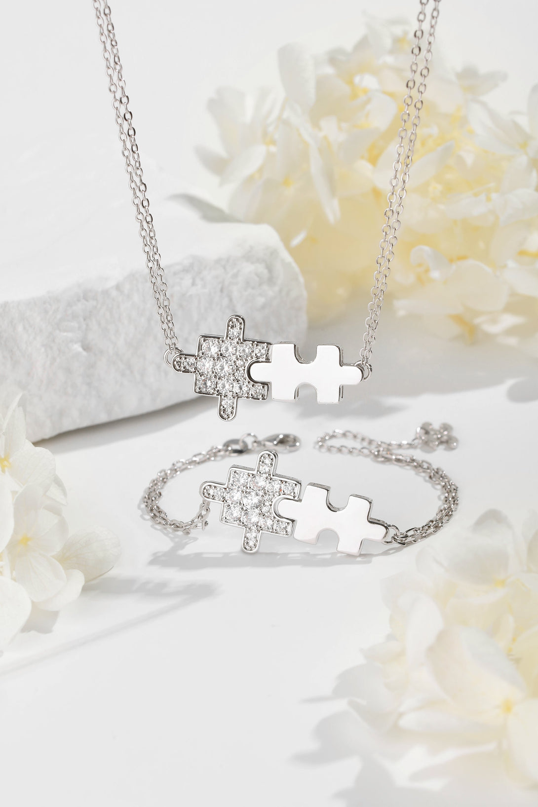 Silver Jigsaw Puzzle Drop Earrings and Bracelet Set - Classicharms