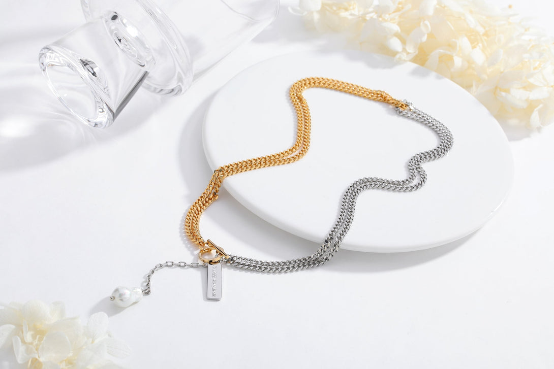 Two-Tone Chain Baroque Pearl Necklace - Classicharms