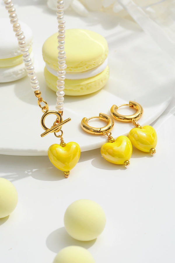 Yellow Ceramic Heart Pendant Pearl Necklace - Classicharms